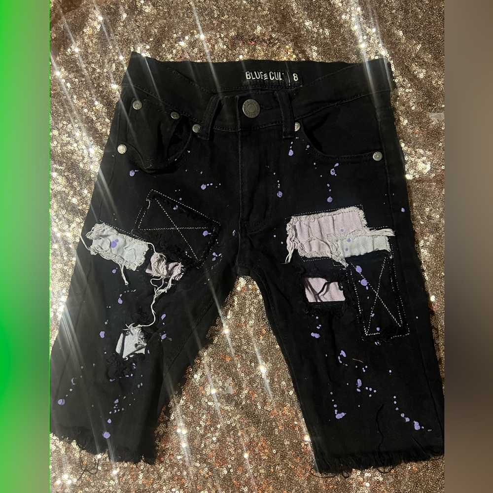 Boys Blue Black &purple splatted denim Jean shorts sz 8
